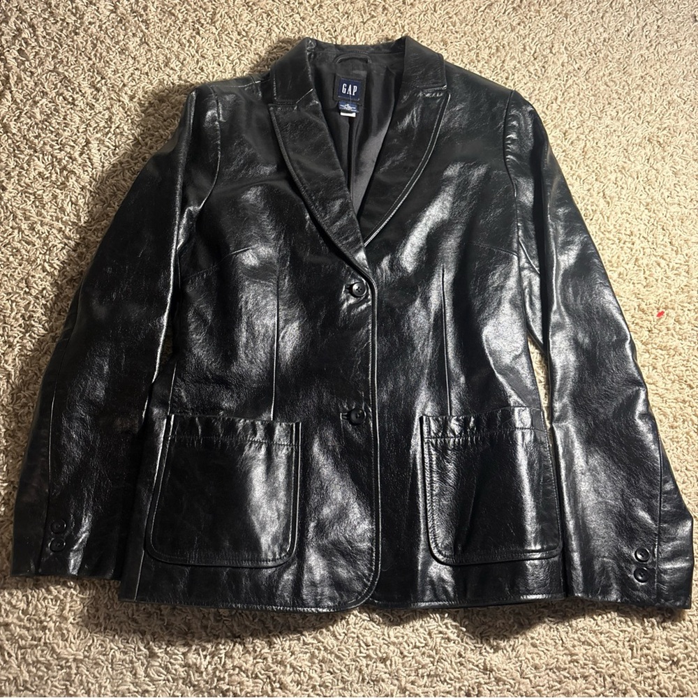 GAP Women's Shiny Black Leather Blazer